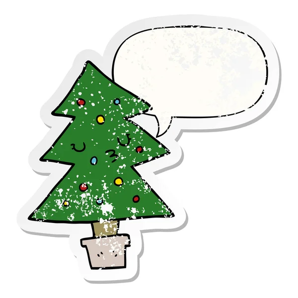 Karikatúra karácsonyfa és a beszéd buborék bajba jutott matrica — Stock Vector