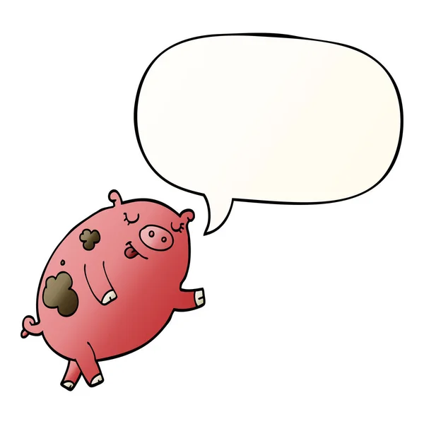 Dessin animé dansant cochon et bulle de parole dans un style de dégradé lisse — Image vectorielle