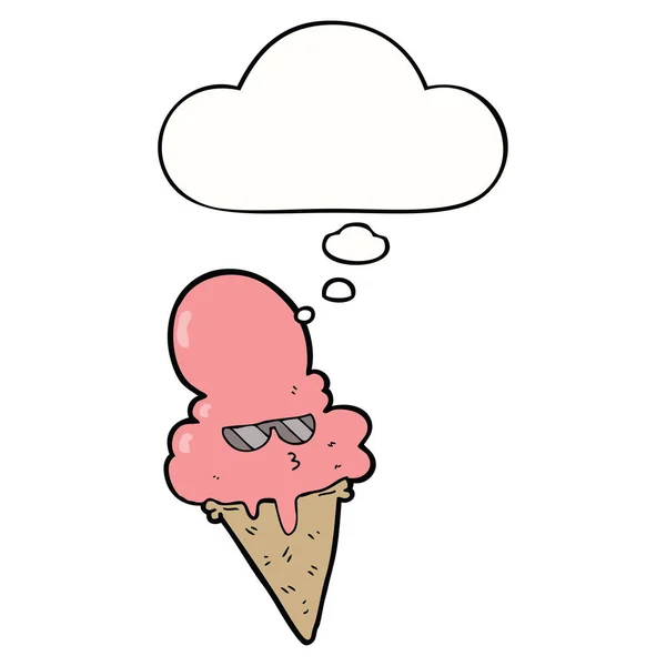 Desenho animado sorvete legal e bolha de pensamento — Vetor de Stock