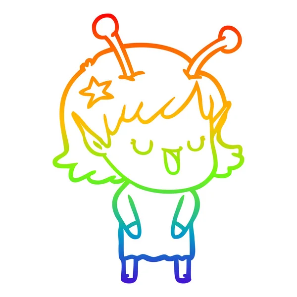 Rainbow gradient ligne dessin heureux alien fille dessin animé — Image vectorielle