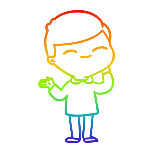 Arcobaleno gradiente linea disegno cartone animato timido sorridente ragazzo — Vettoriale Stock