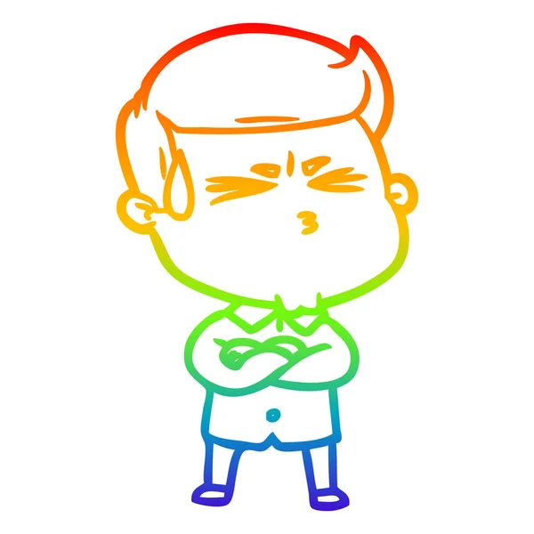 Rainbow gradient line drawing cartoon man sweating — Stock Vector