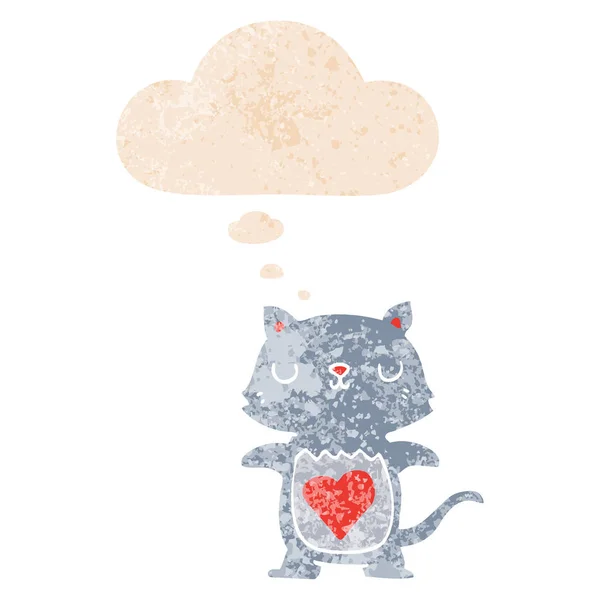 Retro dokulu tarzında sevimli karikatür kedi ve düşünce balonu — Stok Vektör