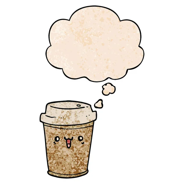 Cartoon holt Kaffee und Gedankenblase in Grunge-Textur heraus — Stockvektor