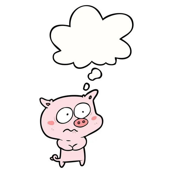 Dibujos animados cerdo nervioso y burbuja de pensamiento — Vector de stock