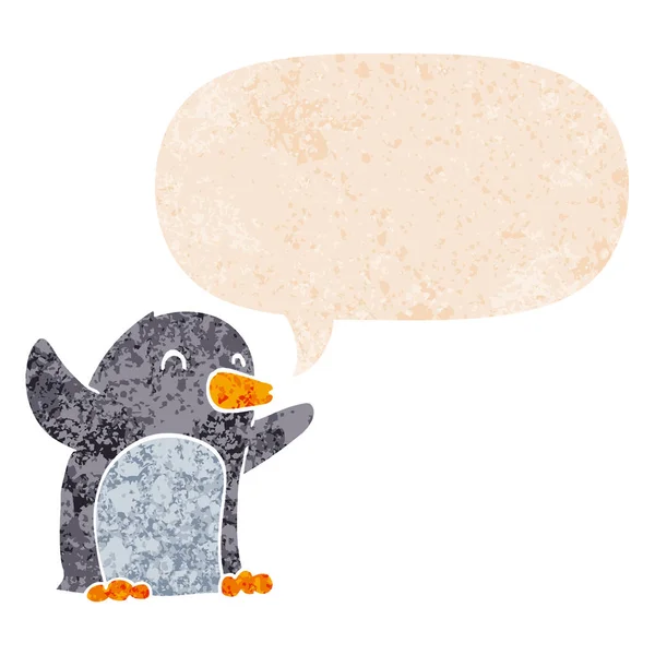 Tecknad upphetsad pingvin och pratbubbla i retro texturerat styl — Stock vektor