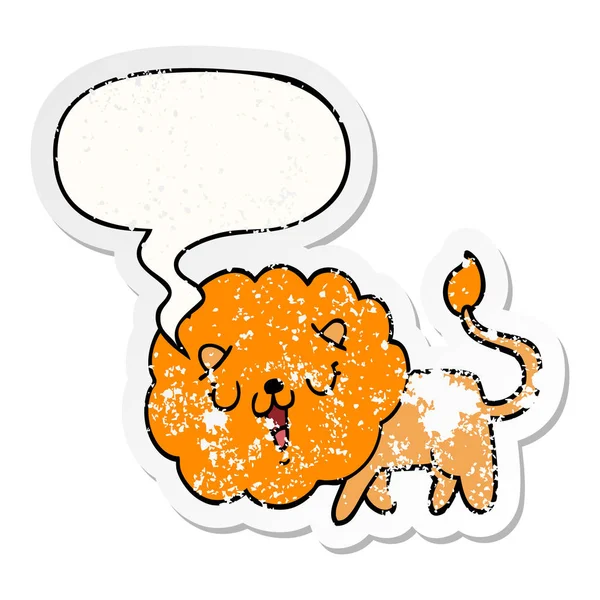 Cute cartoon lion and speech bubble distressed sticker — Stock Vector