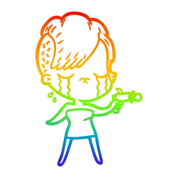 Regenbogen-Gradienten-Linie Zeichnung Karikatur weinendes Mädchen zeigt Strahl g — Stockvektor