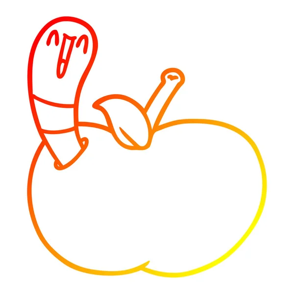 Línea de gradiente caliente dibujo caricatura gusano en manzana — Vector de stock