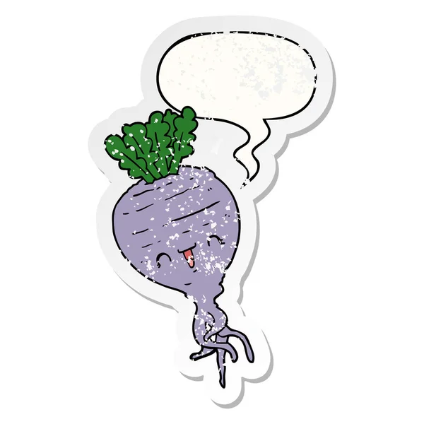 Cartoon turnip and speech bubble distressed sticker — Stock Vector