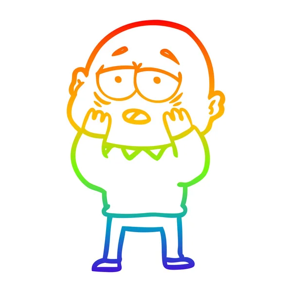 Arco iris gradiente línea dibujo dibujos animados hombre calvo cansado — Vector de stock