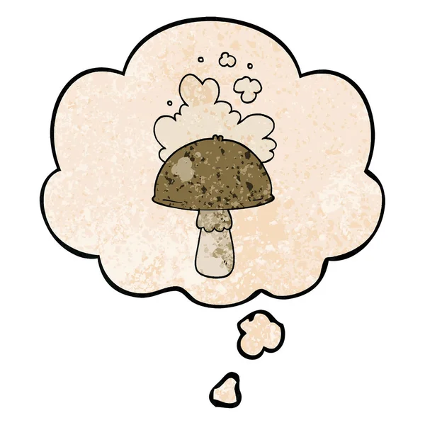 Cartoon mushroom with spore cloud and thought bubble in grunge t — Stock Vector