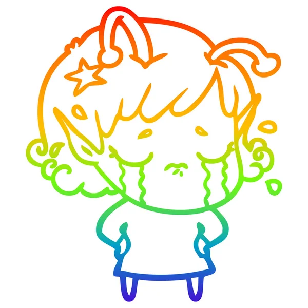 Linea gradiente arcobaleno disegno cartone animato piangendo ragazza aliena — Vettoriale Stock