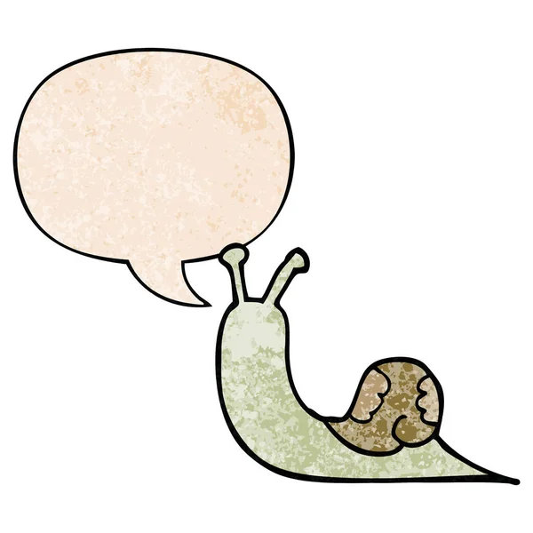 Escargot de dessin animé et bulle de parole dans le style de texture rétro — Image vectorielle