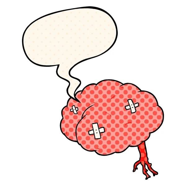 Cartoon injured brain and speech bubble in comic book style — Stock Vector