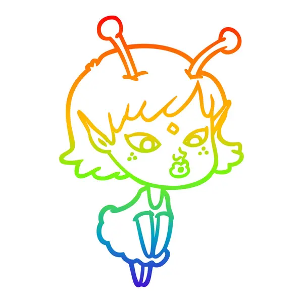 Arco-íris linha gradiente desenho muito cartoon menina alienígena —  Vetores de Stock
