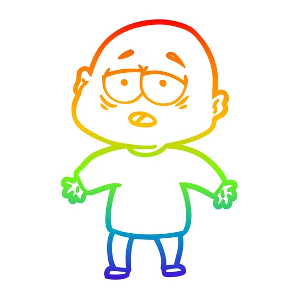 Rainbow gradient line drawing cartoon tired bald man — Stock Vector