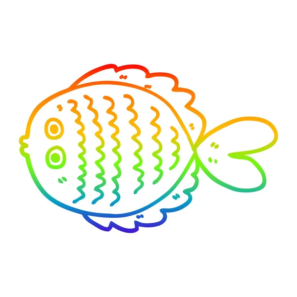 Радужная градиентная линия, рисующая мультяшную плоскую рыбу — стоковый вектор