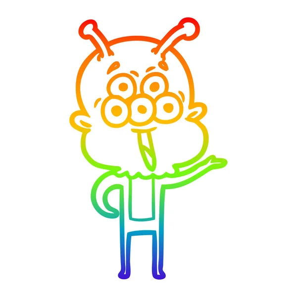 Arco iris gradiente línea dibujo feliz dibujos animados alien saludo — Vector de stock