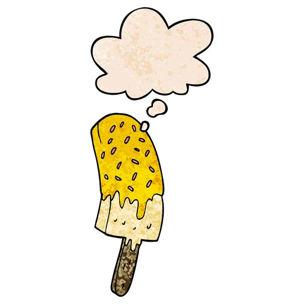 Crème glacée dessin animé lolly et bulle de pensée dans la texture grunge pat — Image vectorielle