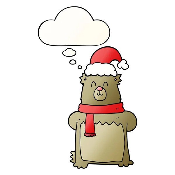 Ours de bande dessinée portant chapeau de Noël et bulle de pensée en douceur — Image vectorielle