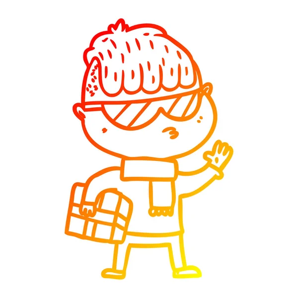 Warme kleurovergang lijntekening cartoon jongen dragen zonnebril carryi — Stockvector