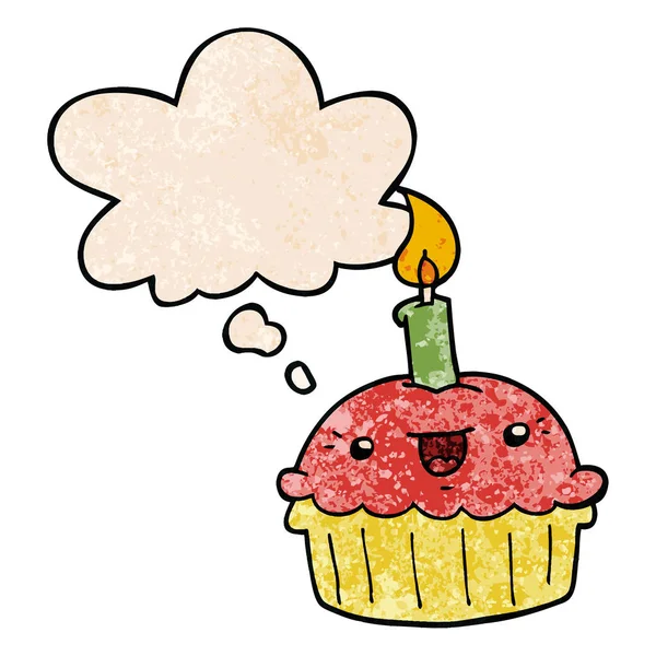 Cartone animato cupcake con candela e bolla di pensiero in grunge texture — Vettoriale Stock