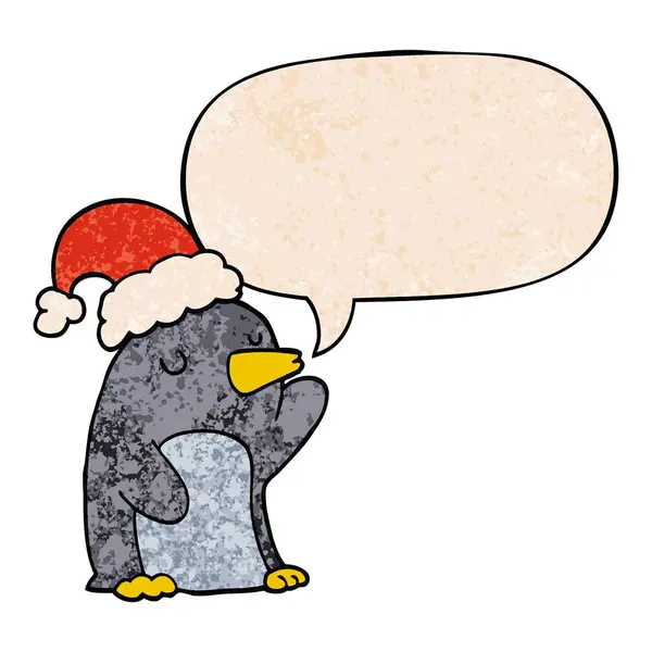 Mignon dessin animé pingouin de Noël et bulle de la parole dans le textur rétro — Image vectorielle