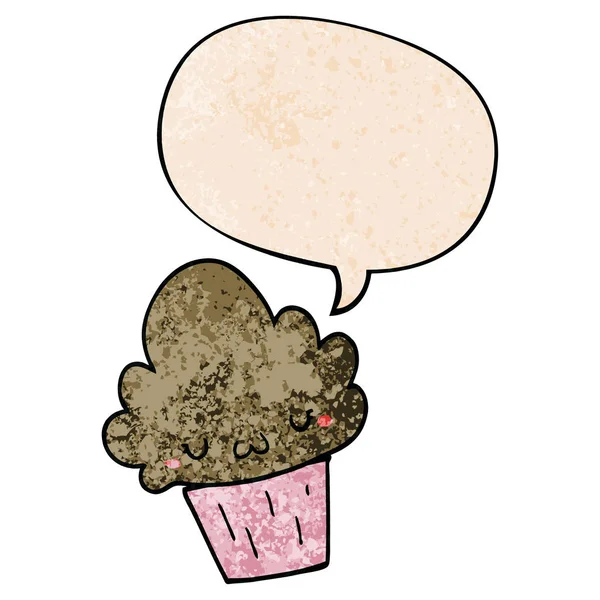 Cartoon Cupcake i twarzy i mowy bańki w stylu retro tekstury styl — Wektor stockowy