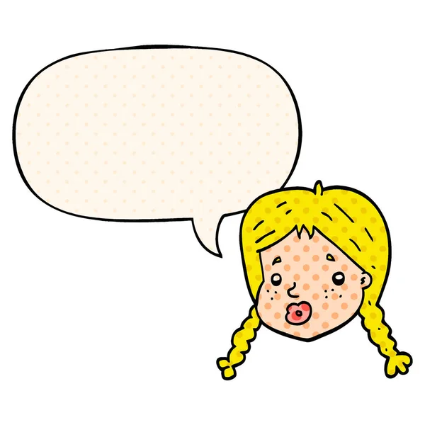 Desenho animado meninas rosto e fala bolha em estilo de quadrinhos — Vetor de Stock