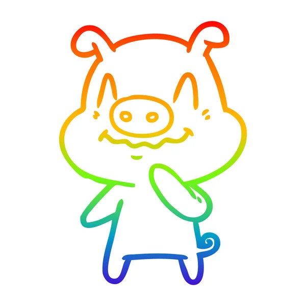 Linea gradiente arcobaleno disegno nervoso cartone animato maiale — Vettoriale Stock