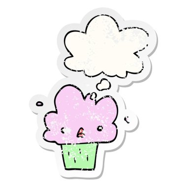 karikatür cupcake ve sıkıntılı yıpranmış etiket olarak kabarcık düşünce