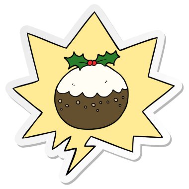 karikatür noel puding ve konuşma kabarcık etiket