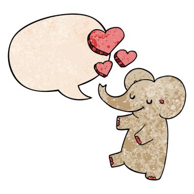 karikatür fil ve retro metin aşk kalpleri ve konuşma balonu