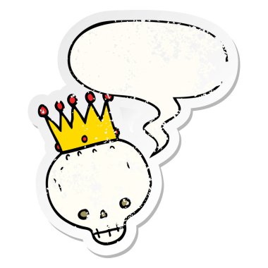 karikatür kafatası ve taç ve konuşma balonu sıkıntılı etiket