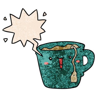 retro doku tarzında sevimli karikatür kahve fincanı ve konuşma balonu