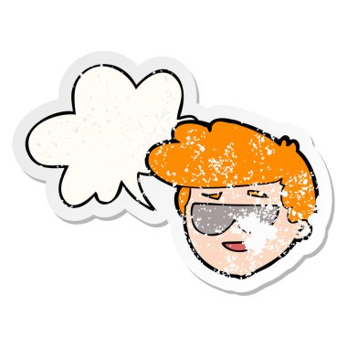 gözlük ve konuşma balonu sıkıntılı stic giyen karikatür çocuk