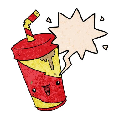 retro doku tarzında sevimli karikatür soda ve konuşma balonu