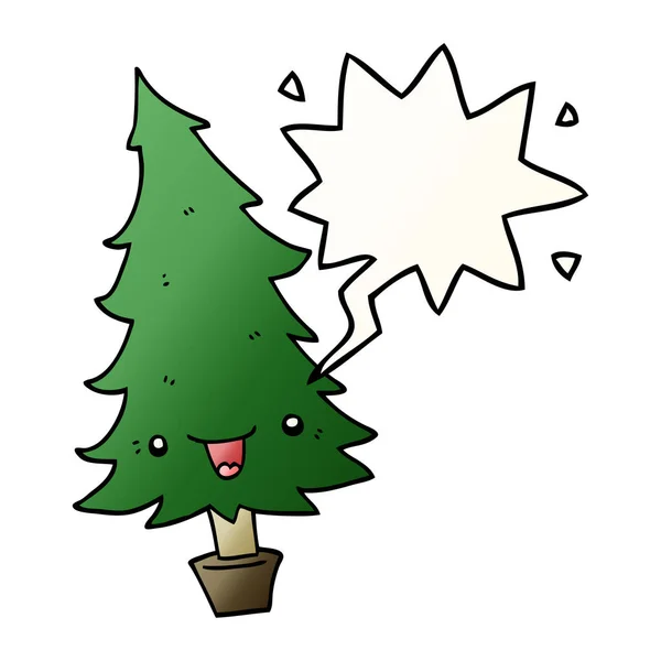 Lindo árbol de Navidad de dibujos animados y burbuja del habla en gradiente suave — Vector de stock