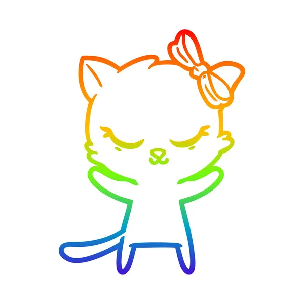 Rainbow gradient line drawing cute cartoon cat with bow — Stock Vector