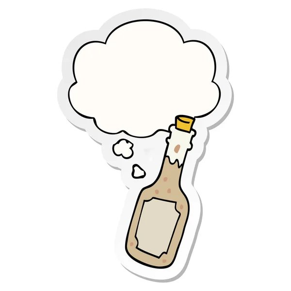 Cartoon bier fles en dacht Bubble als een gedrukte sticker — Stockvector