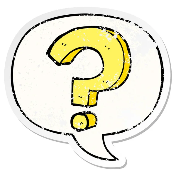 Cartoon question mark and speech bubble distressed sticker — Stock Vector