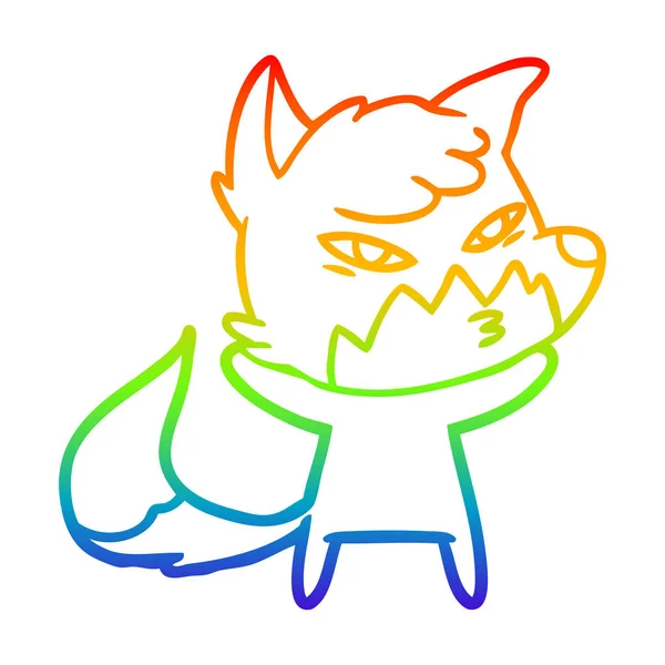 Rainbow gradient line drawing clever cartoon fox — Stock Vector