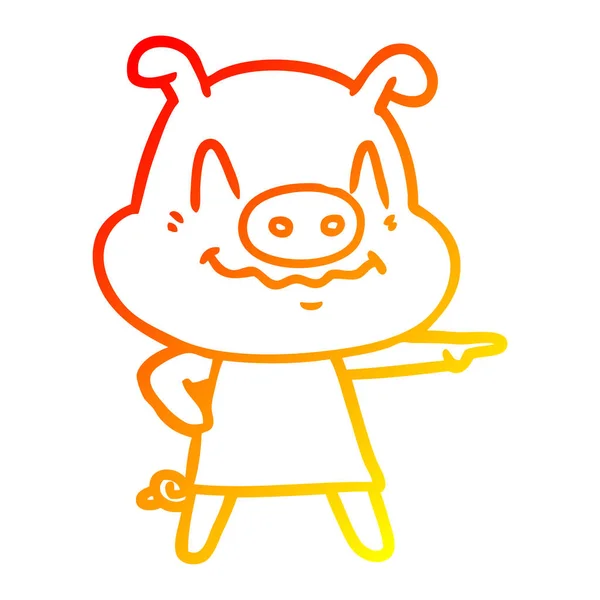 Línea de gradiente caliente dibujo nervioso cerdo de dibujos animados con vestido — Vector de stock