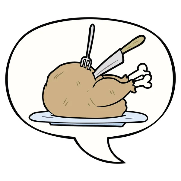 Cartoon cooked turkey being carved and speech bubble — Stock Vector