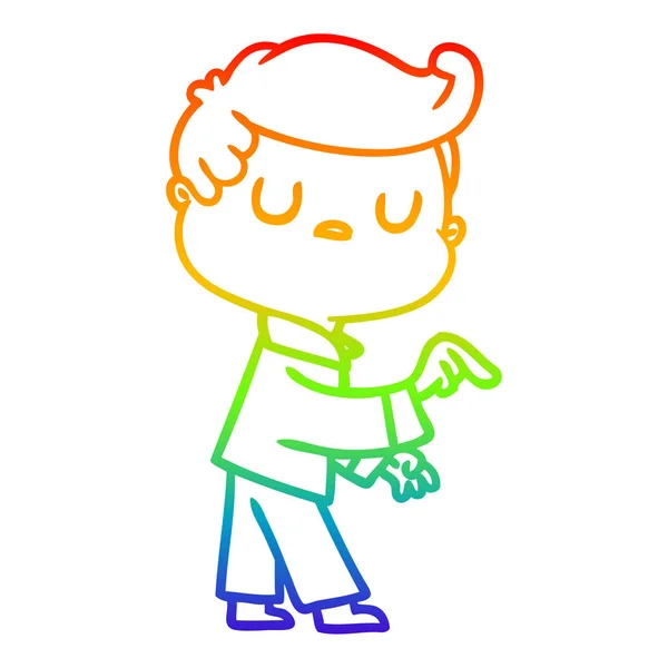 Rainbow gradient line drawing cartoon aloof man pointing finger — Stock Vector