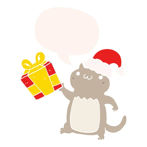 Cute cartoon christmas cat and speech bubble in retro style — Stock Vector