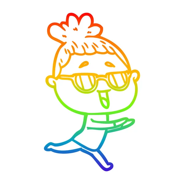 Regenboog gradiënt lijntekening cartoon gelukkige vrouw dragen omhoog — Stockvector