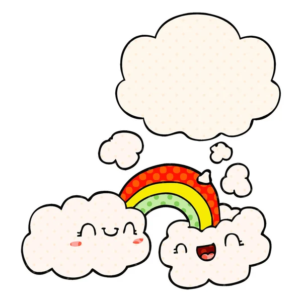 Felici nuvole di cartoni animati e arcobaleno e bolla di pensiero in boo comico — Vettoriale Stock