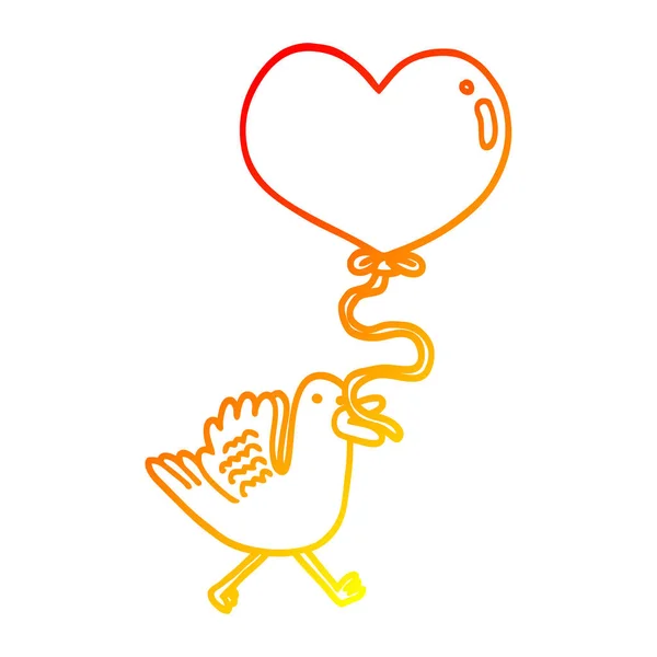 Linea gradiente caldo disegno uccello del fumetto con palloncino cuore — Vettoriale Stock
